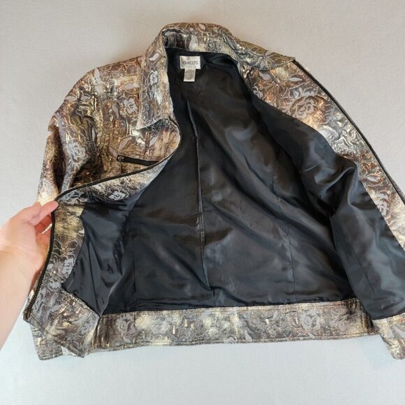 Chicos Gold Metallic Floral Shimmer Jacket Full Zip Front Pockets Snap Cuffs 2 - Picture 2 of 11